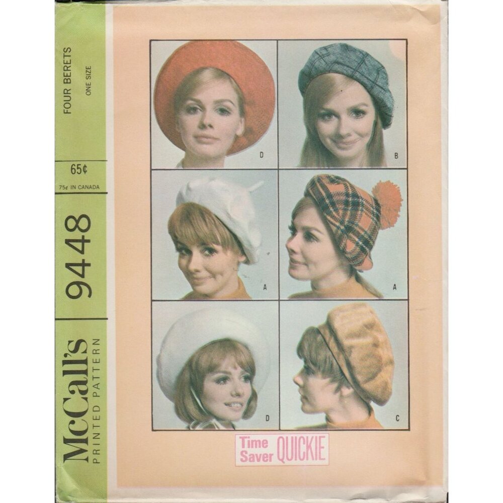 McCall's 9448 Four Womens Beret Hat Styles Vintage Swinging 1960s Pattern Uncut